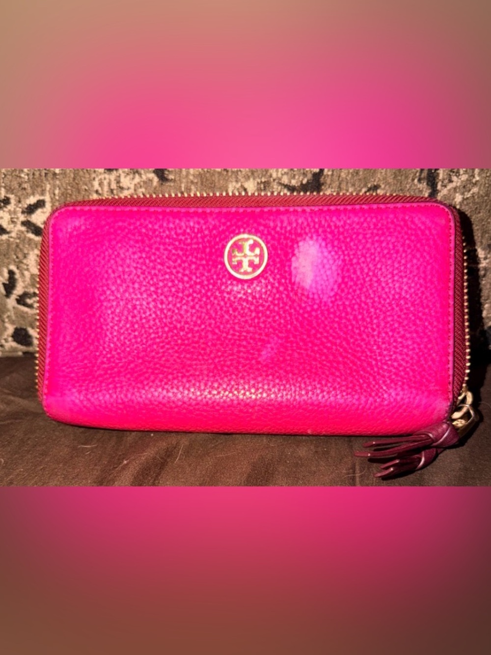 Tory Burch Fuchsia Pebbled Zip Wallet with Gold Logo